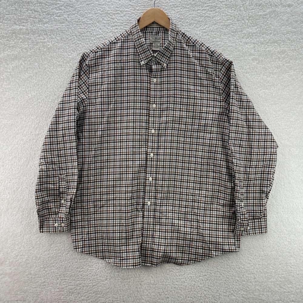 LL Bean Shirt Mens XL Brown Black Oxford OCBD Plaid Preppy Office Casual